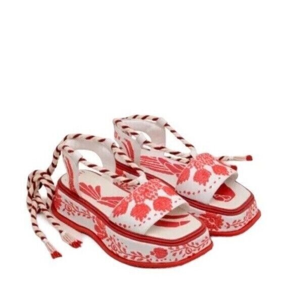 FARM RIO Red Embroidery Cross Stitch Flatform Ankle Lace Up Sandals 10 NEW $285 - Picture 1 of 16